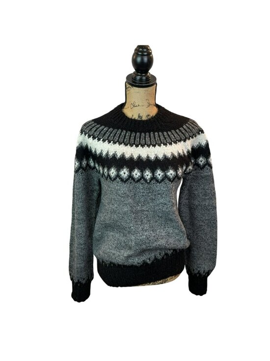 Handmade Milagros Imports Alpaca Wool Sweater Nordic Pattern Black/Grey/White Wo - Picture 10 of 15